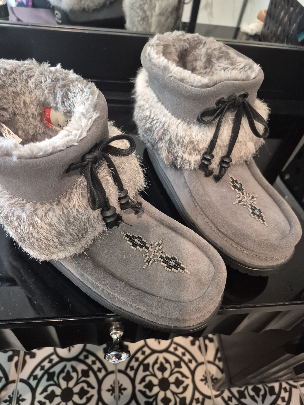 Women's Gray Faux Fur Beaded Moccasin Boots